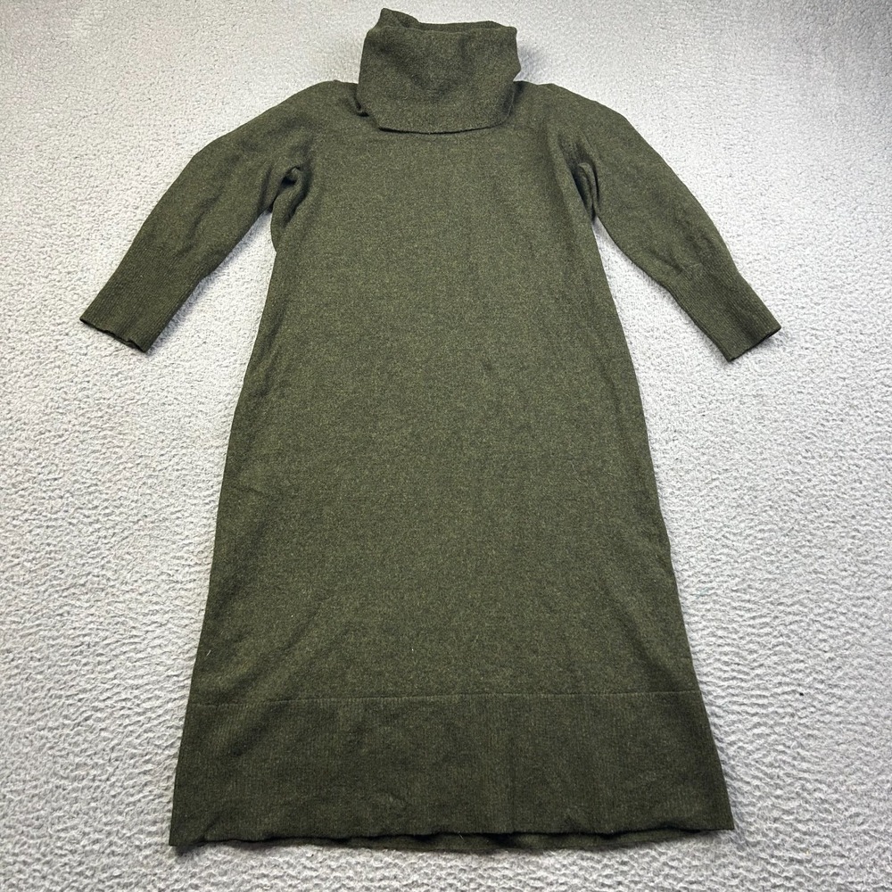 Talbots Sweater Dress Women M Merino Wool Olive Green Turtleneck Midi Knit